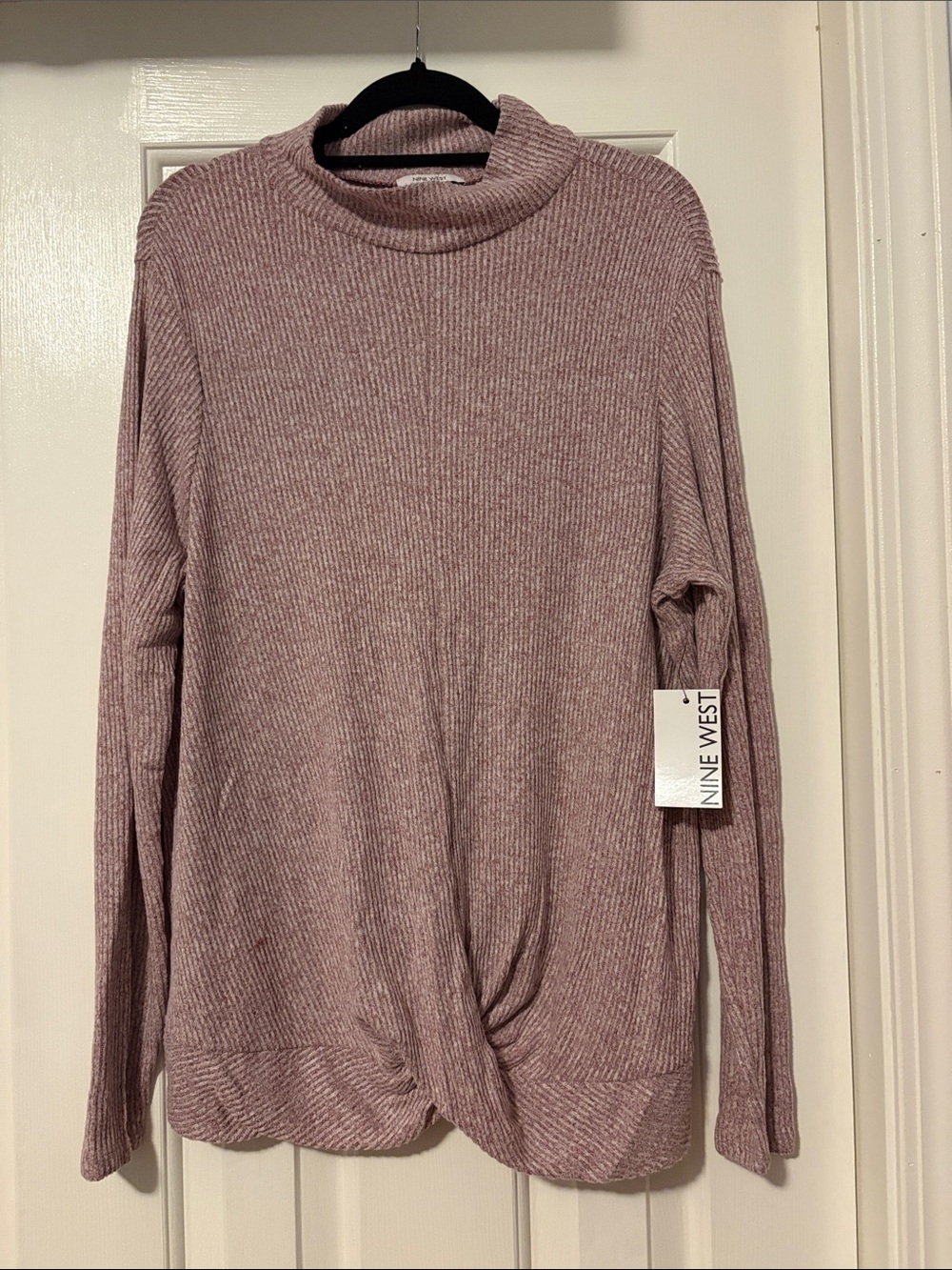 Nine West Dusty Mauve Ribbed Mock Neck Twist-Hem Sweater
